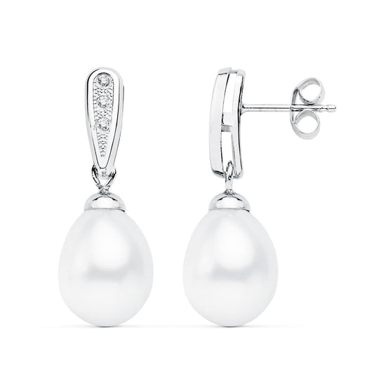 Pendientes oro blanco de novia con perla 24×9 mm cierre presión