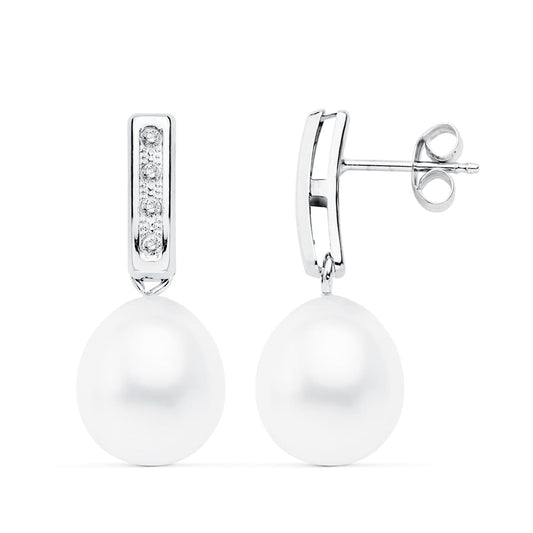 Pendientes oro blanco perla 24×9 mm cierre presión