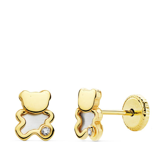 Pendientes de oro amarillo 18k osito nácar (6.5x5 mm) cierre tuerca