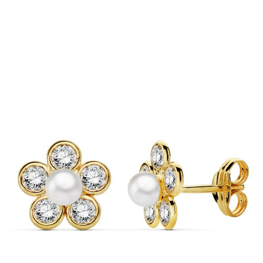 18k pendientes oro amarillo flor circonita 9 × 9 mm cierre presión