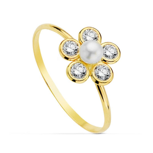 18k sortija oro amarillo flor circonitas con perla de 3 mm. Ancho: 9 × 9 mm