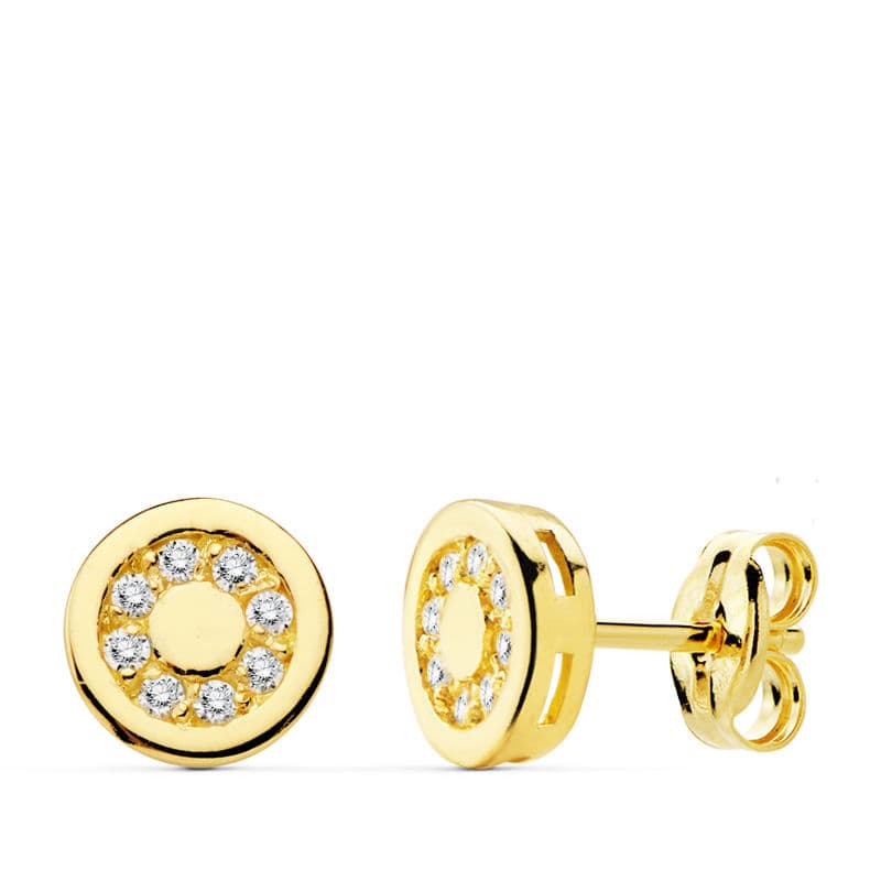 18k pendientes oro amarillo redondos circonita 7 mm cierre presión