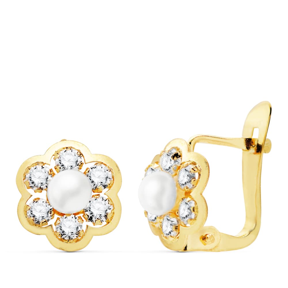 18k pendientes oro amarillo flor con circonita y perla 8×8 mm catalán