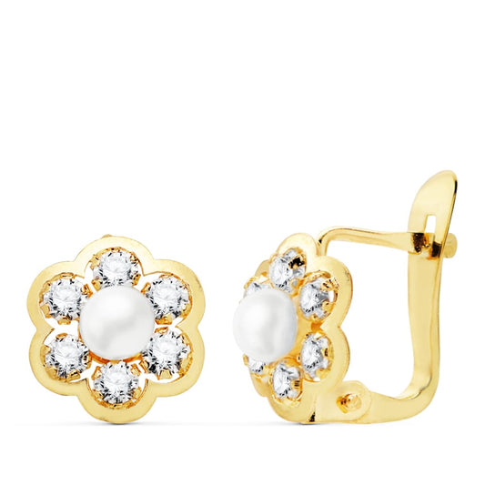 18k pendientes oro amarillo flor con circonita y perla 8×8 mm catalán