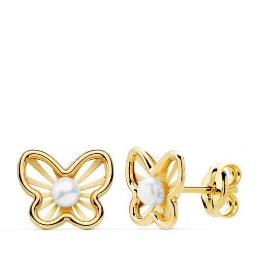 18k pendientes oro amarillo mariposas 9×7 mm con perlas 2,5 mm cierre presión