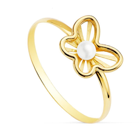 18k sortija oro amarillo mariposa calada con perla 2,5 mm