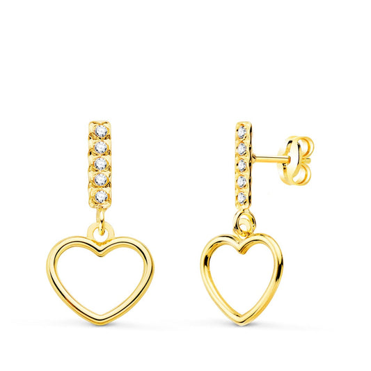 18k pendientes oro amarillo dos cuerpos colgante corazón y circonita 17×9 mm