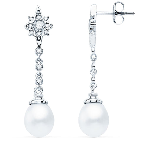 Pendientes largos oro blanco perla y circonita 37×7 mm cierre presión