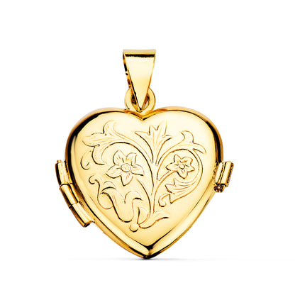 Guardapelo Dije Portafotos Oro Amarillo Corazón Labrado Brillo 18k - 20x20 mm