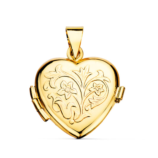 Guardapelo Dije Portafotos Oro Amarillo Corazón Labrado Brillo 18k - 20x20 mm