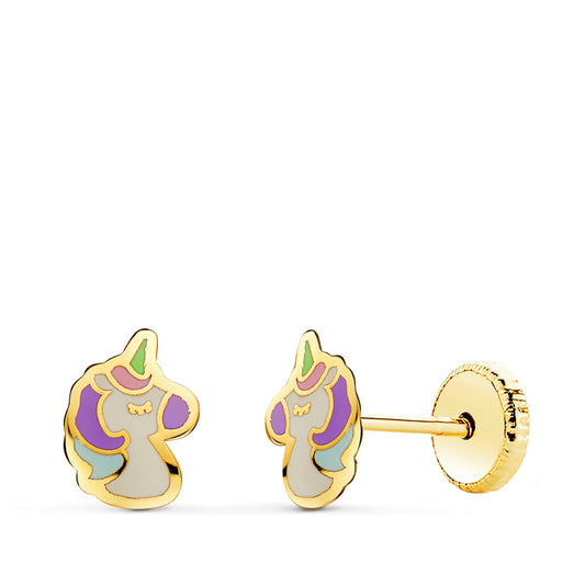 Pendientes de oro amarillo 18k unicornios esmalte (7.5x5 mm) cierre tuerca