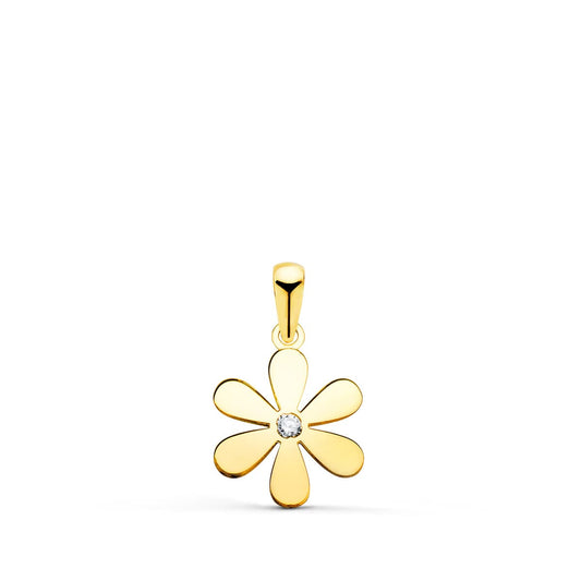 Colgante oro amarillo flor 6 pétalos en brillo con circonita 14×11 mm. 18k