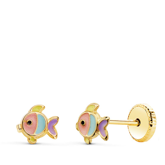 Pendientes de oro amarillo 18k peces esmalte colores (5.5x5 mm) cierre tuerca