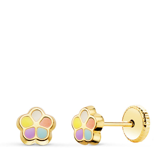 Pendientes de oro amarillo 18k flor esmalte (5x5 mm) cierre tuerca