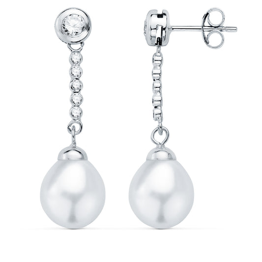 Pendientes oro blanco perla y chatón con circonita 30×8 mm presión