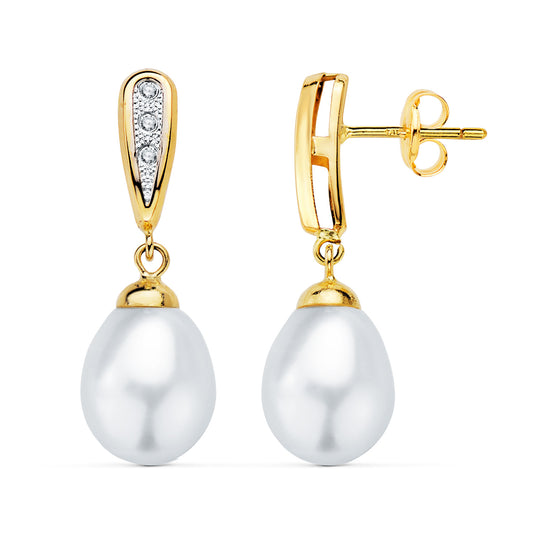 Pendientes bicolor de oro con perlas y circonita en gota 18k 25 × 9 mm cierre presión