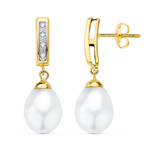 Pendientes bicolor de oro con perlas y circonita rectangular 18k 25 × 9 mm cierre presión