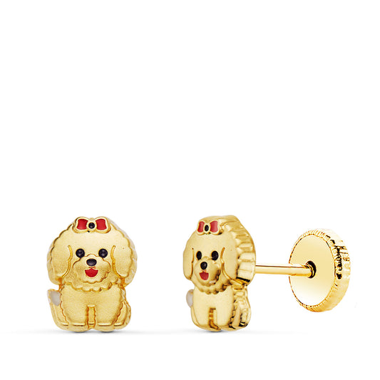 Pendientes de oro amarillo 18k perro esmaltado (6x5 mm) cierre tuerca