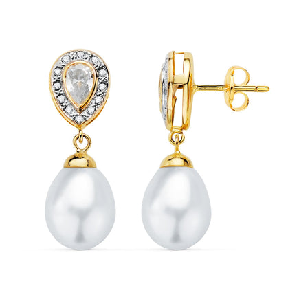 Pendientes bicolor de oro con perlas y circonita en forma de lágrima 18k 25 × 8 mm cierre presión
