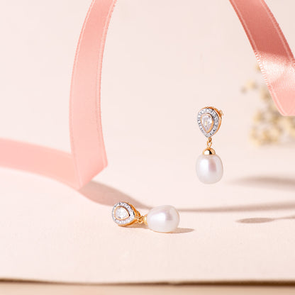 Pendientes bicolor de oro con perlas y circonita en forma de lágrima 18k 25 × 8 mm cierre presión