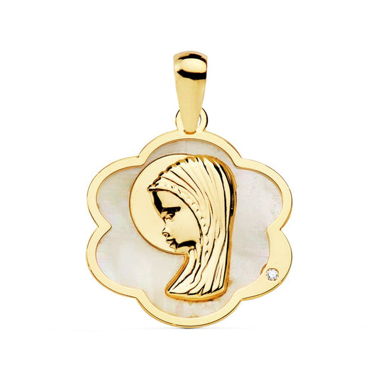 18k medalla oro amarillo flor con Virgen Niña nácar 18×17 mm