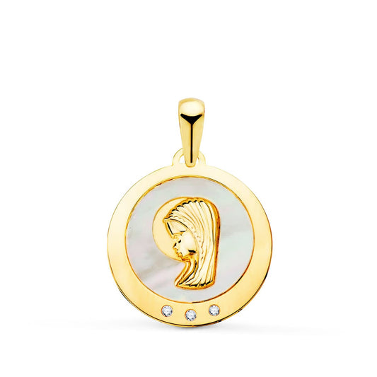18k medalla oro amarillo virgen niña con nácar y circonita 14 mm