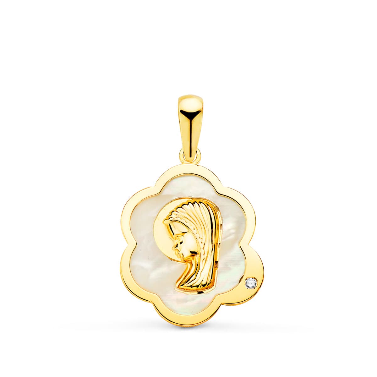 18k medalla oro amarillo virgen niña nube con nácar y circonita 15×12 mm