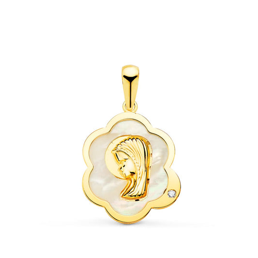 18k medalla oro amarillo virgen niña nube con nácar y circonita 15×12 mm