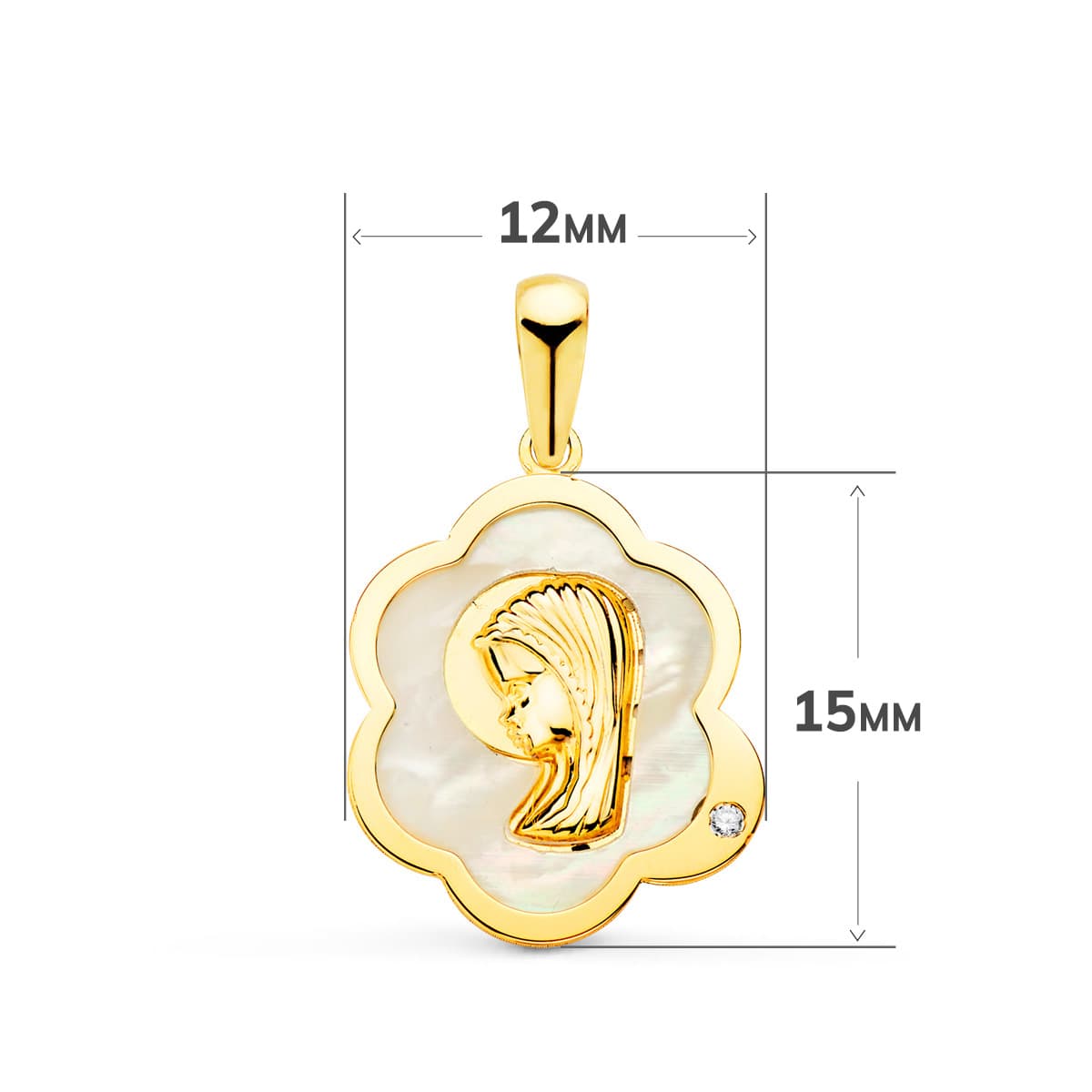 18k medalla oro amarillo virgen niña nube con nácar y circonita 15×12 mm