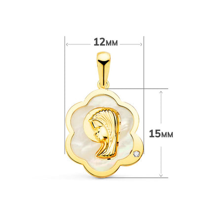 18k medalla oro amarillo virgen niña nube con nácar y circonita 15×12 mm