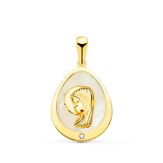 18k medalla oro amarillo Virgen Niña lágrima con nácar y circonita 15×12 mm