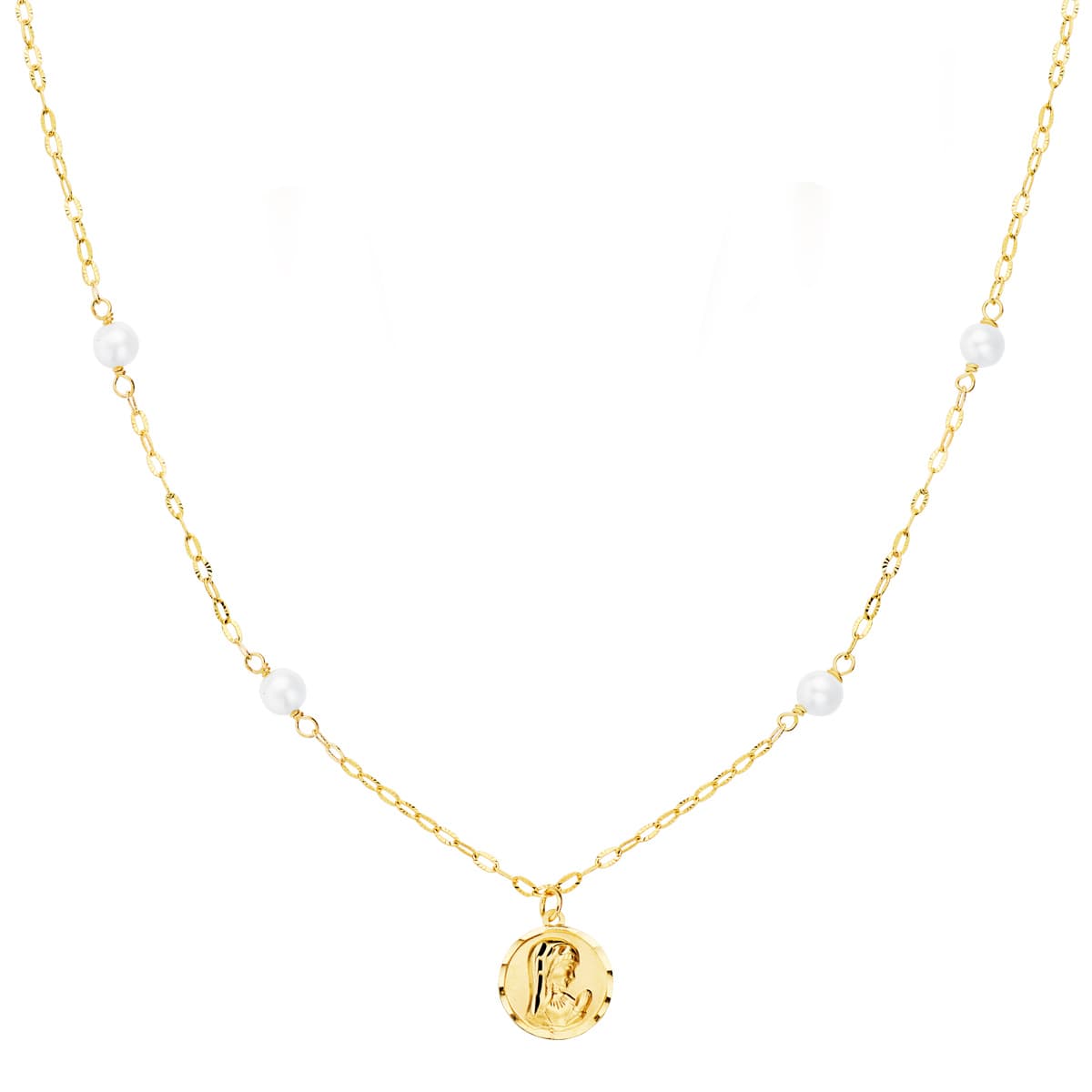 18k gargantilla oro amarillo virgen niña 8 mm perlas 3.5 mm cadena forzada 40 cm