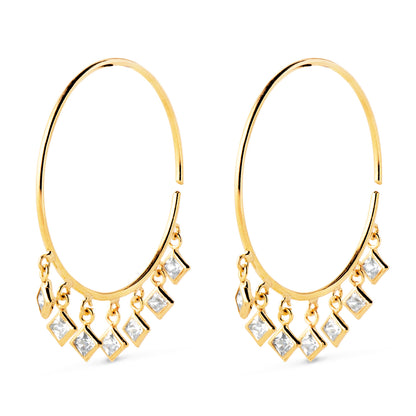 18k aros oro amarillo abiertos con hilo 0.75 mm con colgantes de circonitas. Ancho 20 mm