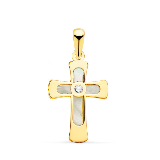 18k cruz oro amarillo con nácar y circonita 20 × 12 mm