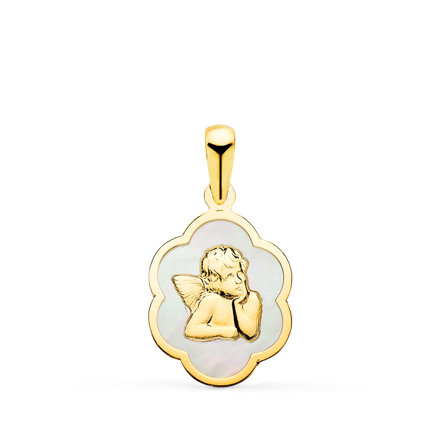 Colgante de oro amarillo 18k nube con ángel burlón y nácar blanco 15 × 12 mm
