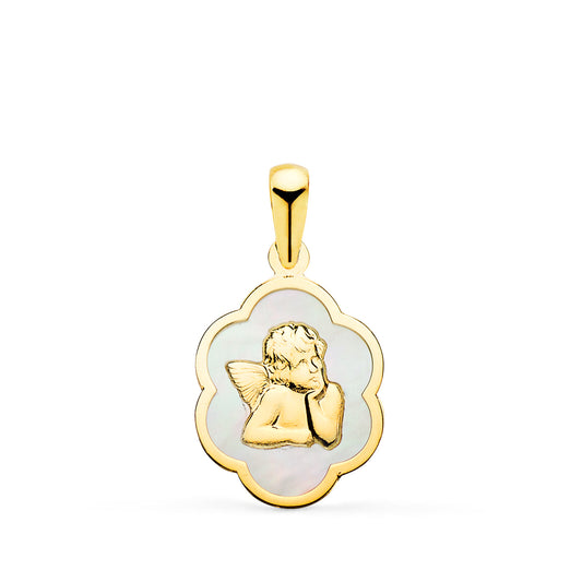 Colgante de oro amarillo 18k nube con ángel burlón y nácar blanco 15 × 12 mm