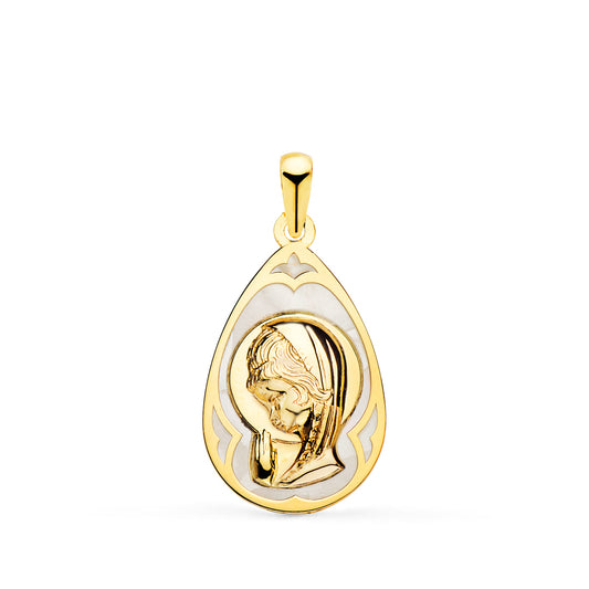18k medalla oro amarillo gota con nácar blanco y virgen niña 19×12 mm
