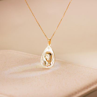 18k medalla oro amarillo gota con nácar blanco y virgen niña 19×12 mm