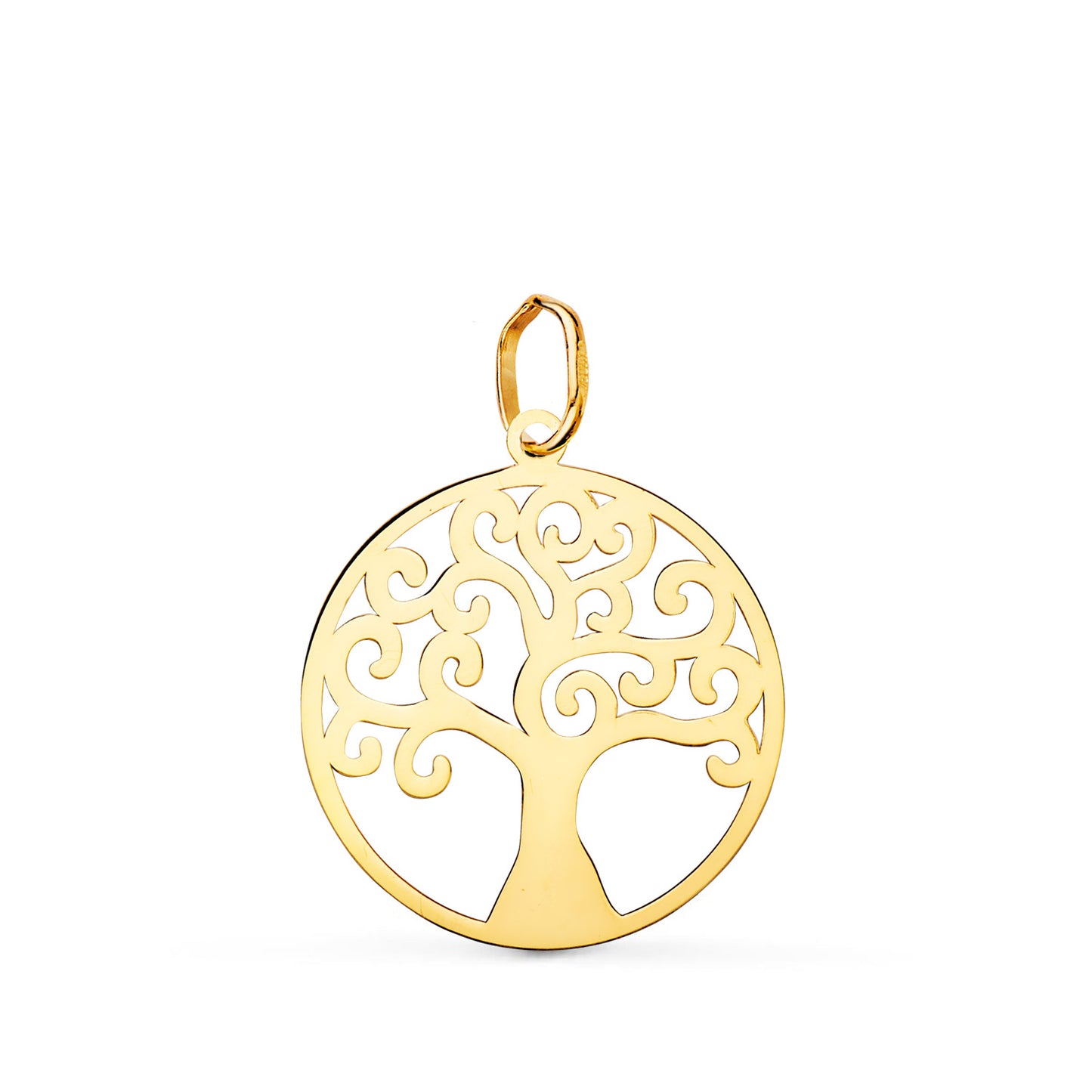 Colgante oro amarillo árbol de la vida en brillo. 18k 20 mm