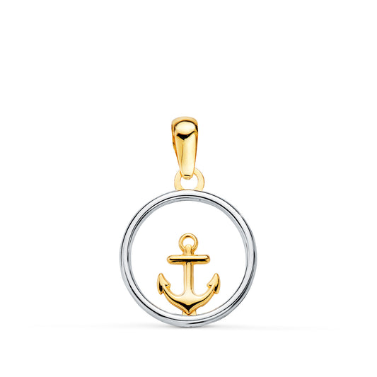Colgante oro bicolor redondo con ancla 13 mm. 18k