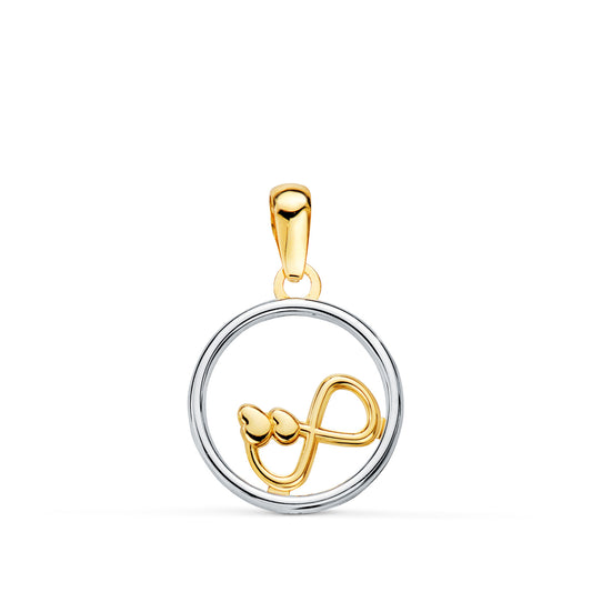 Colgante oro bicolor redondo con infinito y corazón. 18k 13mm