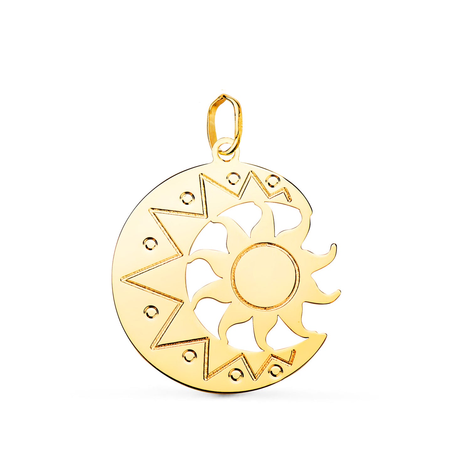 Colgante oro amarillo de luna con sol en brillo. 18k 22x21 mm