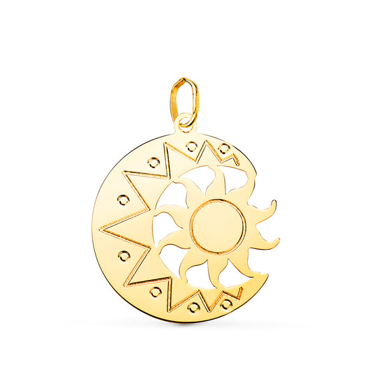 Colgante oro amarillo de luna con sol en brillo. 18k 22x21 mm