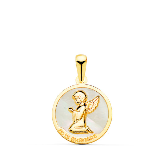 Colgante de oro amarillo 18k ángel burlón y nácar blanco “Yo te guardaré” 15 mm