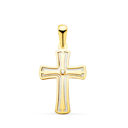 18k cruz oro amarillo con nácar y circonita 20 × 12 mm