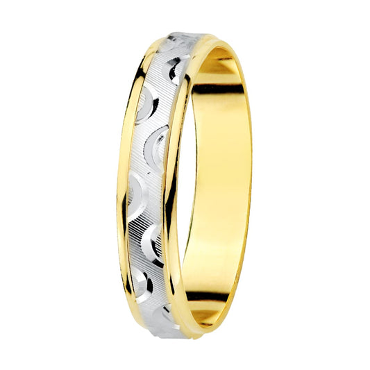 18k alianza oro bicolor tallada y bordes en brillo. ancho: 4 mm