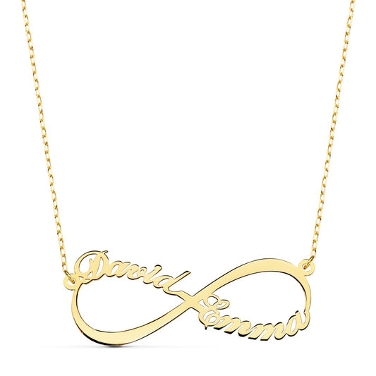 18k gargantilla oro amarillo infinito personalizado 2 nombres 35 mm cadena 44+2 cm