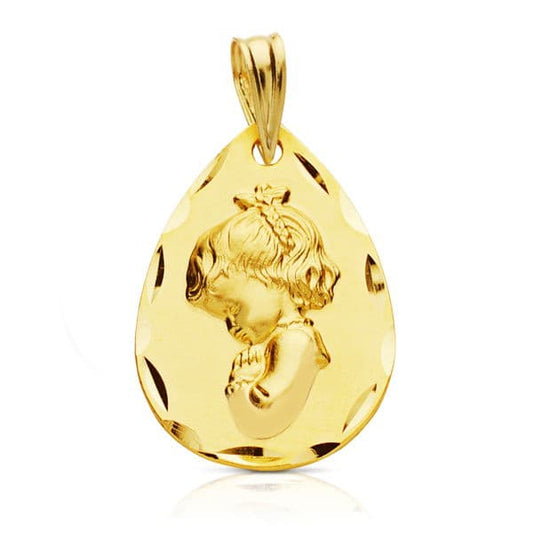 18k medalla oro amarillo virgen niña gota talla clásica 23×15 mm