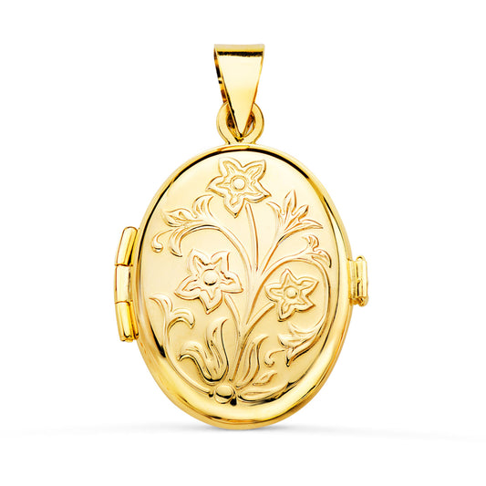 Guardapelo Dije Portafotos Oval Oro Amarillo Labrado 18k - 24x17 mm