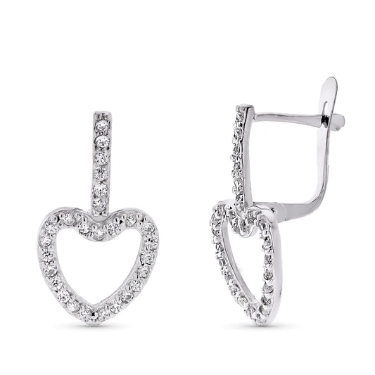 9k pendientes oro blanco dos cuerpos corazón circonita 20×10 mm cierre catalán